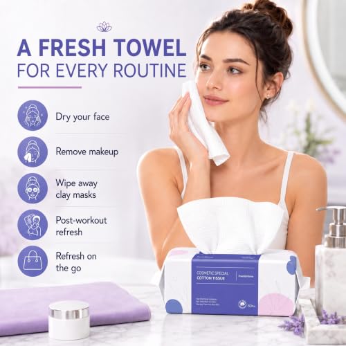 Image of PoeticEHome Disposable Face Towel | Thick & Absorbent | Clean Face Tissue Biodegradable | Cotton Dry Wipes for Facial Cleansing & Makeup Removing