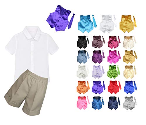 MILLTEX 4 Pieces Set Formal Party Wedding Color Satin Vest & Necktie Shirt Khaki Shorts Set New Born Baby Boy Toddler Sm-4T (M (6-12 Months Old), Fuchsia)