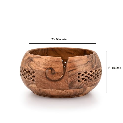 Image of Kimona Yarn Storage Wooden Yarn Bowl Hand Made for Knitting and Crochet Crocheting Accessories and Supplies Organizer (7 inch x 7 inch x 4 inch)