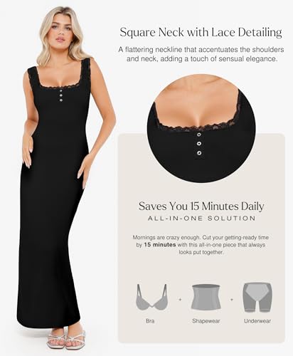 Popilush Shapewear Tank Dress Summer Maxi Dress Built-in Bra Square Neck Lace Trim Going Out Vacation Dresses for Women3