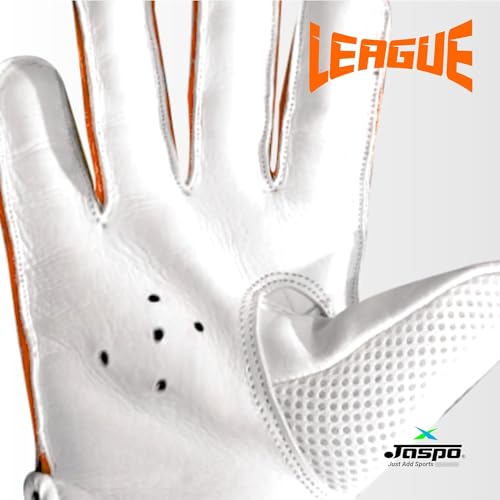 Image of jaspo League Cricket Batting Gloves-for Beginners: Leather Palm, Nylon Stitch, Air Vents with Elastic Towel Wrap for Adult /Senior Color (White Orange)-Recommended for Soft Ball only