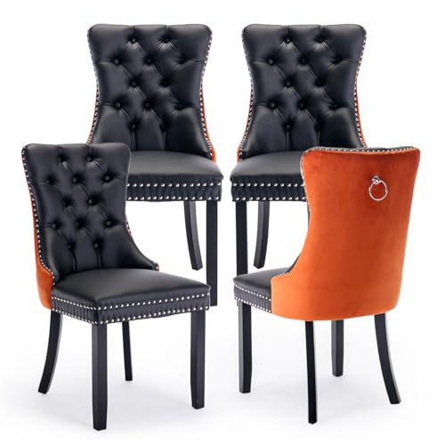 SoarTalent Juego de 2 Sillas de Comedor de Terciopelo Negro con Patas Plateadas y Tapizado de Clavos, Anillo de Metal
