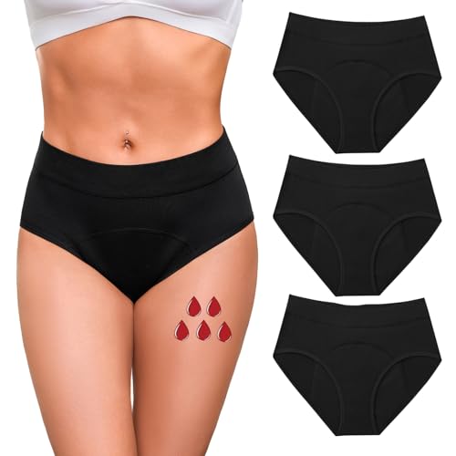 Briyat Periodenunterwäsche Damen hochwertige Menstruationsslips für Starke Tage und Wochenbett aus Baumwolle atmungsaktiv 3er Set schwarz*3 L