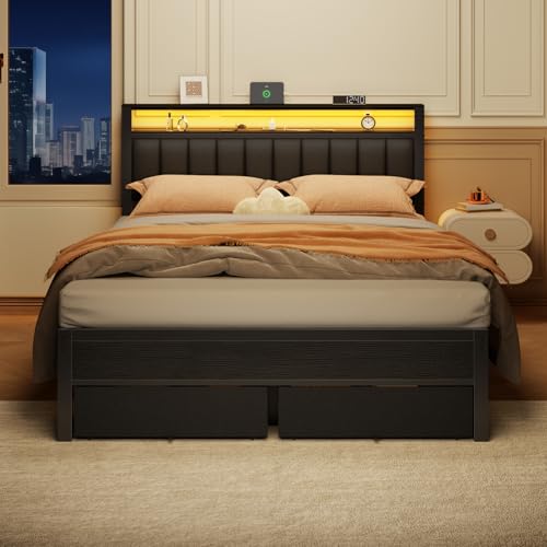 Image of Furnulem Queen Bed Frame with Charging Station and LED Lights, Grey Upholstered Headboard with Shelves, Metal Platform Bed with 2 Under-Bed Storage (Fabric Drawer on Wheels), No Box Spring Needed