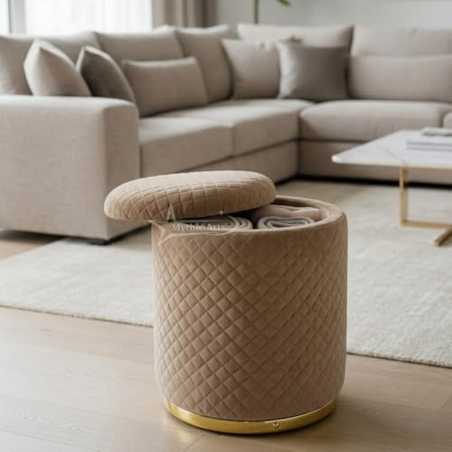 Image of Premium Round Storage Ottoman Stool 13 X 13X 16 inch, with Gold Metal Base | Luxury Pouffe with Hidden Storage | Cushioned Footrest for Living Room, Bedroom & Lounge Coffee