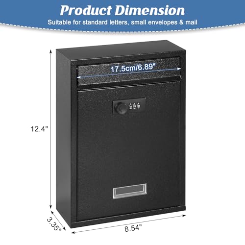 KYODOLED Locking Wall Mount Mailbox, Mail Boxes with Combination Lock for Outside, Security Cash Key Letter Drop Box with Code for House Office School,12.4H x 8.54L x 3.35W Inches, Black