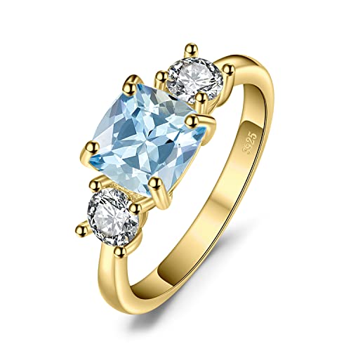 JewelryPalace Anillo de Compromiso Mujer Plata de Ley 925 Oro 14k, Anillo Promesa Topacio Azul Cielo Natural Corte Cojín, Tres Piedras Anillos Circonitas con Piedra, Conjunto Joyas Mujer 17
