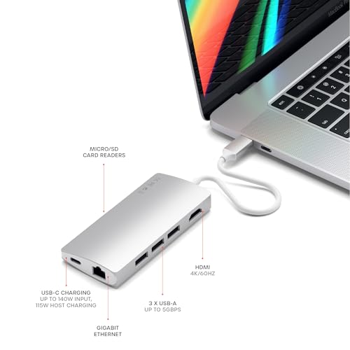 Image of Satechi USB C Hub Multiport Adapter V2 - USB C Dongle - 4K HDMI (60Hz), 60W USB C Charging, GbE, SD /Micro Card Readers, USB 3.0 - USBC Hub for MacBook Pro /Air M1 M2 (Silver)