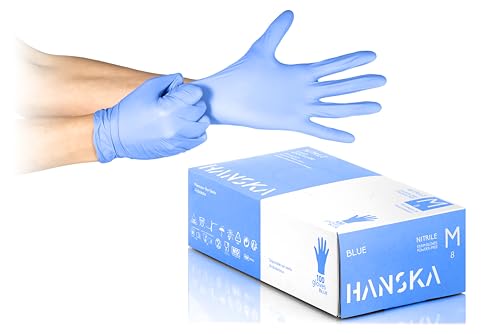 HANSKA Paquete de 100 guantes desechables de nitrilo Azul - Sin polvo - Desechables - Ambidiestros - Base de goma - Apto para uso médico y manipulación de alimentos (100, M)