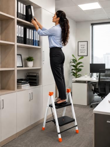 Image of CIPLA PLAST Polo 2-Step Foldable Ladder for Home & Office | Heavy Duty Anti-Slip Wide Steps | Lightweight Aluminium Step Stool | Safety Lock & Non-Slip Feet | Multi-Purpose Folding Ladder