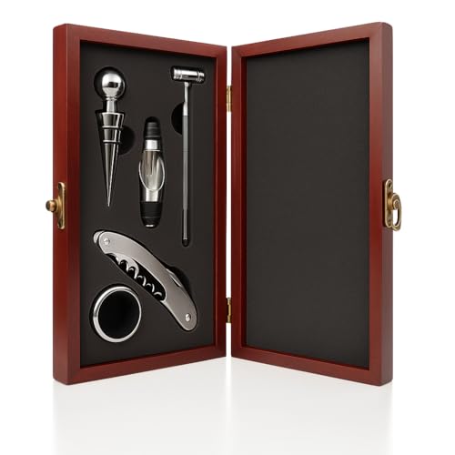 Kit Porta Vinho 5 Peças, Estojo de Madeira, Acessórios em Inox, Presente Elegante