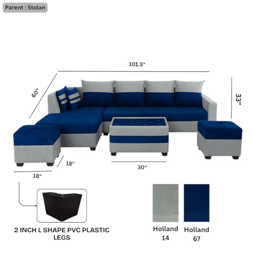 Image of FURNY Stylecon 8 Seater Fabric LHS L Shape Sofa Set with 1 Centre Table & 2 Ottoman (Blue-Light Grey) | Premium Velvet Finish | Durable Comfort | Ideal for Living Room