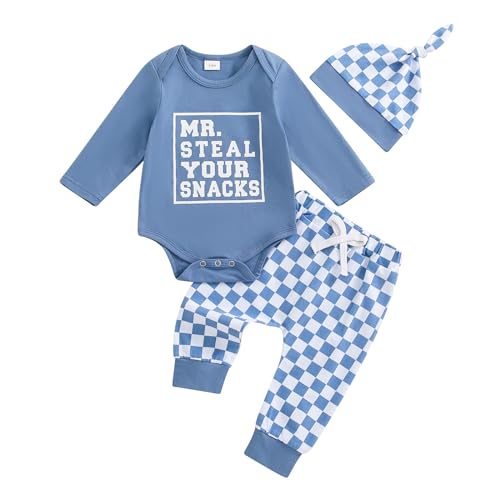 Image of JLKGICF Baby Boys Christmas Outfits Letter Print Crew Neck Long Sleeve Rompers Truck Print Long Pants Hat 3Pcs Clothes Set