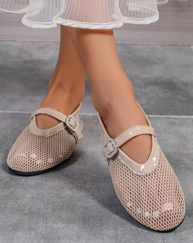 Mesh Ballet Flats for Women Buckle Strap Comfy Round Toe Fishnet Ballerina Flat Shoes Mary Jane Flats Causal Daily Dress Shoes2