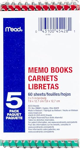 Mead Wirebound Memo Book, 3” x 5”, College Ruled, 120 Pages/60 Sheets, Assorted Colour Covers, Pack of 5, (45428) image 1