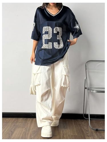 SOLY HUX Jersey Shirts for Women Y2k Oversized Graphic Tees V Neck Half Sleeve Cute Soccer Streetwear Tops Dark Blue Letter Large