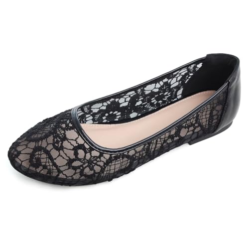 ChaiRong Zhou Women's Flats Lace Cut Out Round Toe Slip On Ballet Flat Comfortable Flats Dressy Shoes