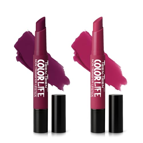 Image of TEEN TEEN Color Life Nontransfer Crayon Lipstick |Matte Finish with Built-in Primer |Waterproof & Long Lasting Lip Color |Smudge-Proof, Fade-Resistant Formula |Combo Color (Plumful Cheer, Rose Pink)