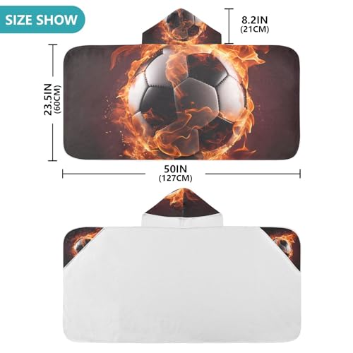 Image of Soccer Sport Fire Hooded Beach Towel for Kids, Kids Bath Hooded Towels for Boys Girls, Super Soft Absorbent Bathrobe with Hood for Swin Pool 50 inchx23.5 inch