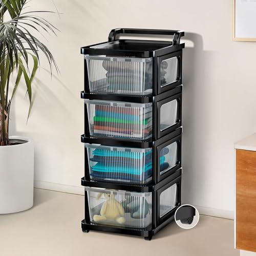 Image of URBAN LUXY Plastic Storage Drawer Organizer with Wheels | 4 Layer Multi-Purpose Chest of Drawers for Home, Office & Bedroom | Clothes, Toys & Stationery Organizer | Transparent Black