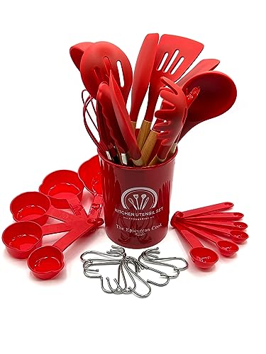 Epicurean Cook Silicone Kitchen Utensil Set - 34 Piece Non-Toxic, Non-Stick Cooking Utensils - Heat-Resistant, BPA-Free, Durable Kitchen Tools - Ideal for Baking, Frying, Mixing (RED)