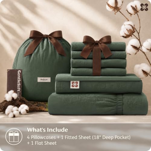 Image of Bedsure PureWoven 100% Washed Cotton Sheets King, Linen-Like Textured, 6PCS