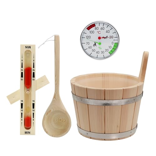 HAF® Set de cubo de sauna de madera de coníferas de 5 litros con inserto, paleta de sauna de 40 cm, madera de pino, reloj de arena y medidor climático | Cubo de infusión resistente a la humedad |