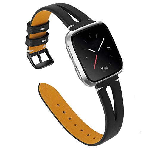 Joyozy Leather Bands Compatible with Fitbit Versa 2&Versa Lite&Fitbit Versa&Fitbit Versa SE Smartwatch Slim Wristbands Replacement Women Men Breathable Triangle Hole Strap(Black with Black Buckle)