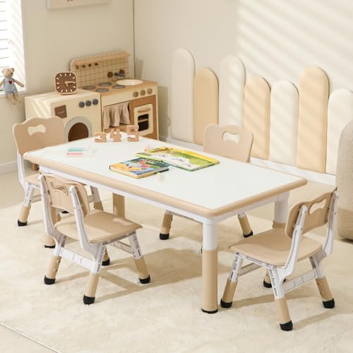 Hulaibit Kids Table and 4 Chairs Set Height Adjustable Toddler Table and Chairs Set Graffiti Desktop Children Activity Table for Ages 3-8 Daycare Classroom Home