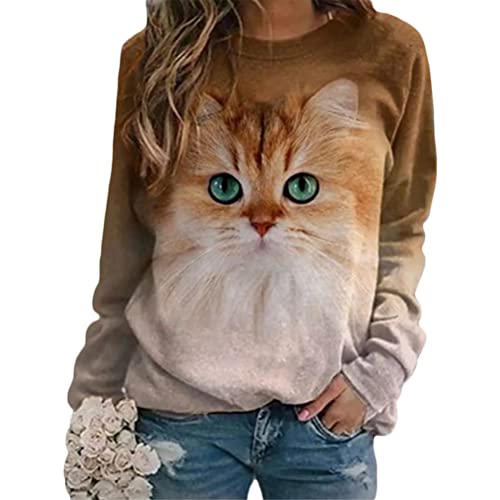 Tomwell Damen Langarmshirt Süße Katze Tier Drucken 3D Druck Katzen-Muster...
