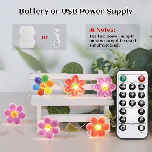 Image of Colorful Flower String Lights 10FT 30LEDs USB & Battery Powered Cute Rainbow Floral Fairy Twinkle Lights with Remote Timer Decorative for Bedroom, Dorm, Girls Room & Christmas Home Decor