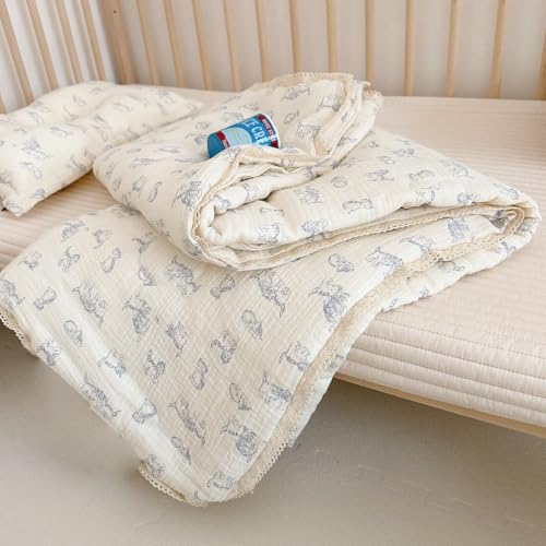 Image of BuLuTu Boys Girls Toddler Bed Quilted Blanket Cotton Muslin Thin Summer Comforter for Twin Size Bed, Soft Breathable Kids Quilt with Lace Edges, 60x78 Inches, Blue Cat Pattern, No Pillow