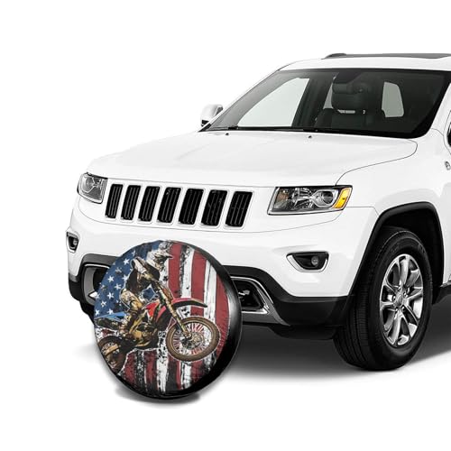 Image of Dirt Bike Racing Motocross Race American Flag Spare Tire Cover Weatherproof Wheel Protectors Dust-Proof Sun Protection Wheel Tire Covers Universal Fit for Truck SUV RV Camper Trailer 14 inch