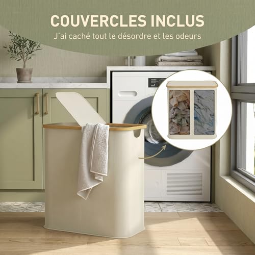 Panier à linge double pliable 80 L beige avec couvercle HOMCOM
