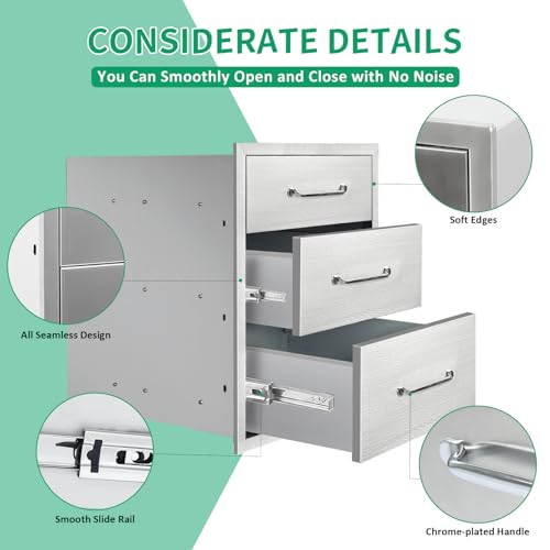 Image of Outdoor Kitchen Drawers 18 inch W x 23 inch H x 21 inch D Stainless Steel Triple Drawers with Ergonomic Handle for BBQ Island, Patio Grill Station & Outdoor Kitchen Cabinets