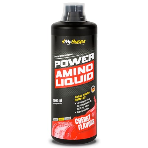 My Supps Power Amino Liquid 1000ml Kirsche Cherry – flüssiger Aminosäuren Komplex mit BCAA, EAA und Vitamin B6 – Protein-Hydrolysat ohne Laktose – trinkfertig – made in Germany