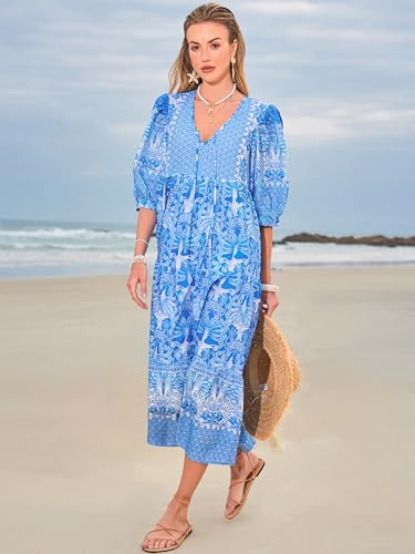 Image of LUXVEER Women's Floral Boho Maxi Dress 2026 Summer V Neck Puff Sleeve Casual Loose Flowy Long Beach Dresses