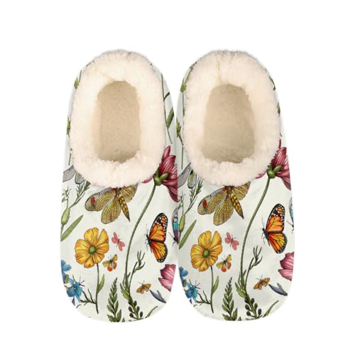 Vintage Spring Flower Dragonfly Butterfly Slippers for Women Slipper Socks Soft Fuzzy House Slippers Shoes for Indoor Bedroom, Winter Cozy Christmas Gifts