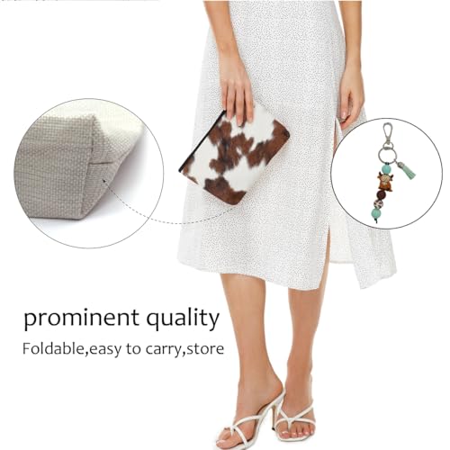 Cow Fur Print Makeup Bag for Women Lady Bestie, Large Capacity Makeup Pouch Travel Organizer Toiletry Cosmetic Bag, Highland Cow Silicone Beaded Keychain with Tassel, Gifts for Women 6