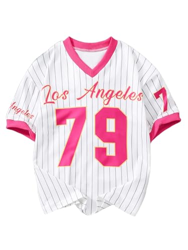 GORGLITTER Girl's Number Graphic Oversized Jersey Shirt Y2k Striped V Neck Short Sleeve Streetwear Tee Tops