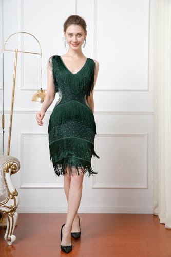 Image of Women Flapper Dresses 1920s V Neck Beaded Fringed Great Gatsby Club & Night Out Dresses