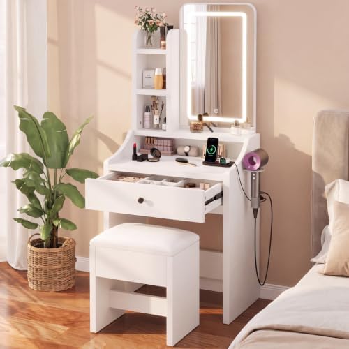 DUMOS Small Makeup Vanity Desk, Mirror and LED Lights, Storage Chair Set