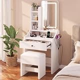 DUMOS Small Makeup Vanity Desk, Mirror and LED Lights, Storage Chair Set