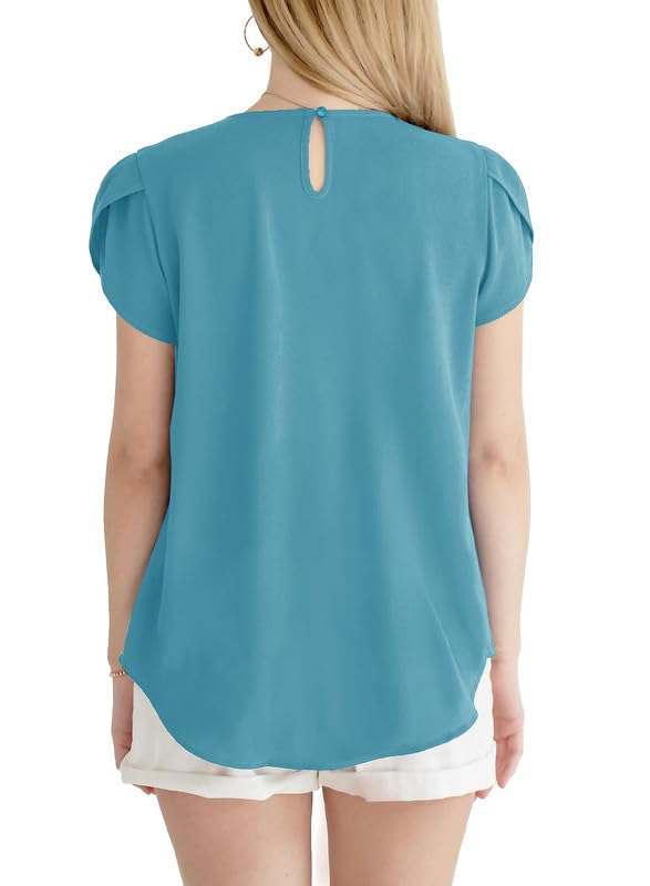 Dokotoo Women's Casual Round Neck Basic Pleated Tops Short Sleeve Loose Fit Curved Keyhole Back Chiffon Blouses Tshirts