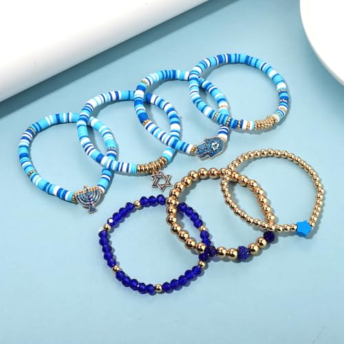 NVENF Hanukkah Bracelets for Women Jewish Bracelet Stack Star of David Menorah Dreidel Charm Bracelets Blue Heishi Beaded Stretch Bracelet Hanukkah Outfit Jewish Jewelry Gifts4