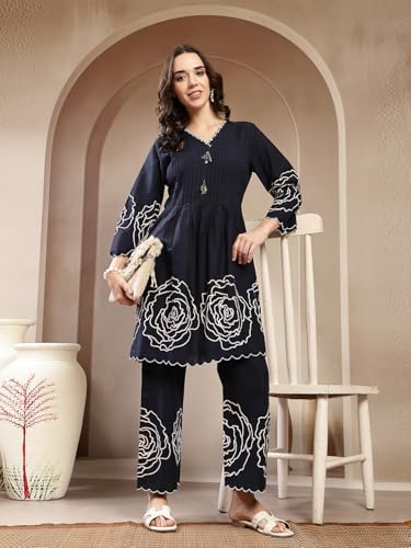 Image of Stylum Women's Floral & Embroidered Cotton Short Kurti Palazzo Set