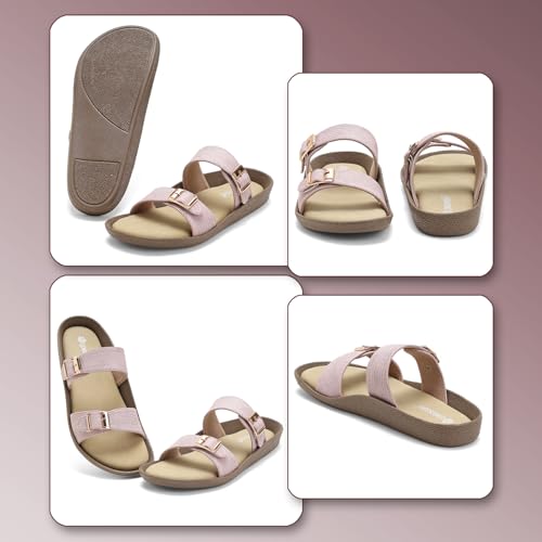 Image of Women Denim Double Strap Buckle Slides | Comfortable Casual Flat Slippers for Women | Lightweight Open Toe Slip-On Sandals Everyday Wear