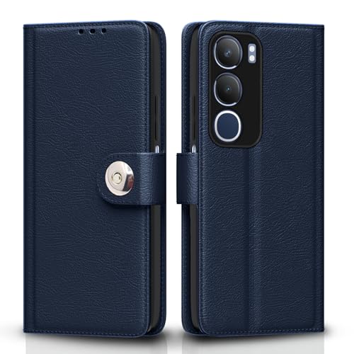 Image of Pikkme Flip Cover Leather Finish | Inside TPU with Card Pockets | Wallet Stand and Shock Proof | Complete Protection Button Flip Case for Vivo Y19s(Blue)