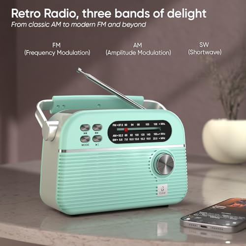 Image of Trinity Solar-Powered MP3 Player & 3-Band Radio with FM /AM /SW, Retro Modern Style, Bluetooth, USB, TF /SD Card, 1200 mAh Rechargeable Battery, Solar Charger, 1 Year Replacement Warranty (Blue)