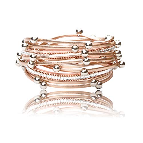 REEBOOOR Champagne Rose Gold Bracelet Women`s Leather Wrap Bracelet Multilayer Bracelets Handmade Jewelry Bohemian Gifts for Girls, Lady,Mother (Champagne Rose Gold Bracelet)